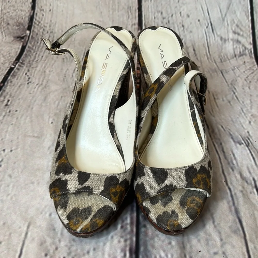 Via Spiga Brown Leopard Linen Leather Lining Slingback Wedge Sandals Size 6.5